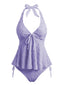 Lila 1950er Strukturiert Blumen Halter Tiefer V Tankini Set