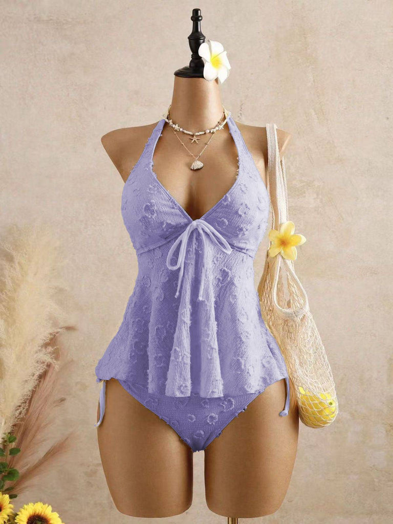Hellgelb 1950er Strukturiert Blumen Halter Tiefer V Tankini Set