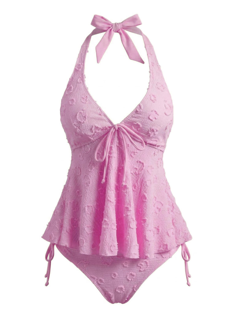 Hellgelb 1950er Strukturiert Blumen Halter Tiefer V Tankini Set