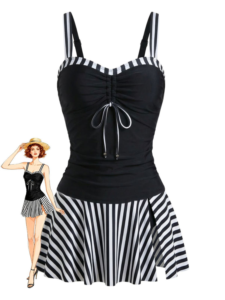 Schwarzes 1950er Streifen Farbblock Gerafft Tankini-Set