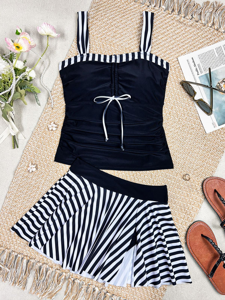Schwarzes 1950er Streifen Farbblock Gerafft Tankini-Set