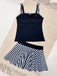 Schwarzes 1950er Streifen Farbblock Gerafft Tankini-Set