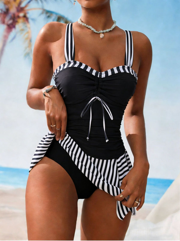 Schwarzes 1950er Streifen Farbblock Gerafft Tankini-Set