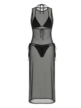 80er Bikini-Set & Mesh-Cover-Up in Uni