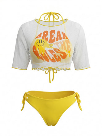 Gelbes 60er Bikini-Set & Transparent-Cover-Up mit Neckholder