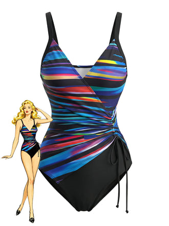 Blauer 1940er Farbblock Streifen Kordelzug Einteiliger Badeanzug