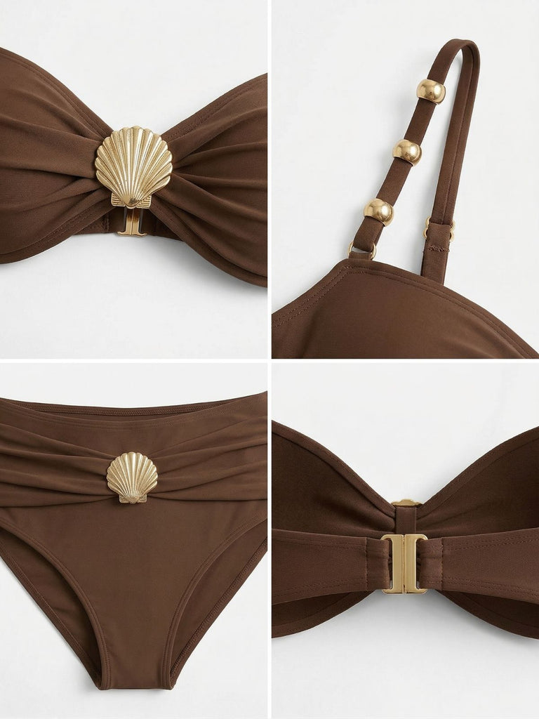 Braunes Gerafft Bikini-Set aus den 1970er Jahren mit Metallmuscheldekor