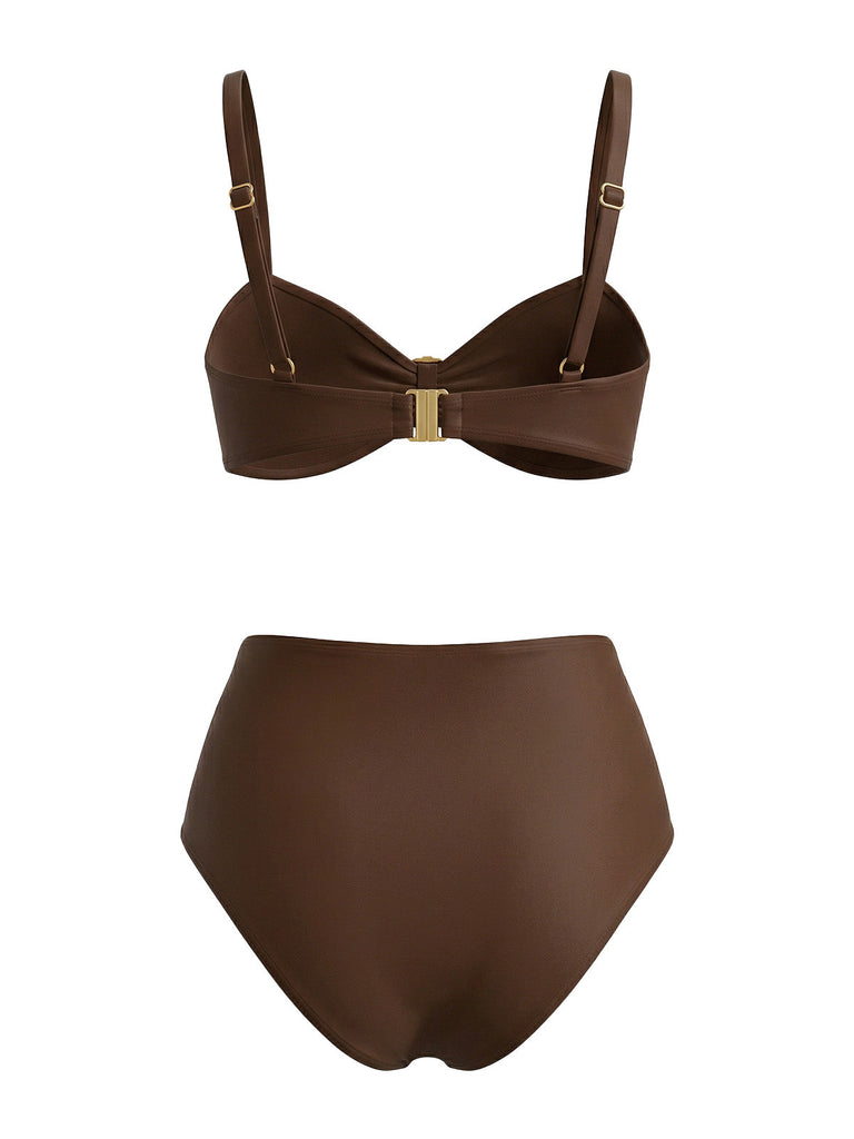 Braunes Gerafft Bikini-Set aus den 1970er Jahren mit Metallmuscheldekor