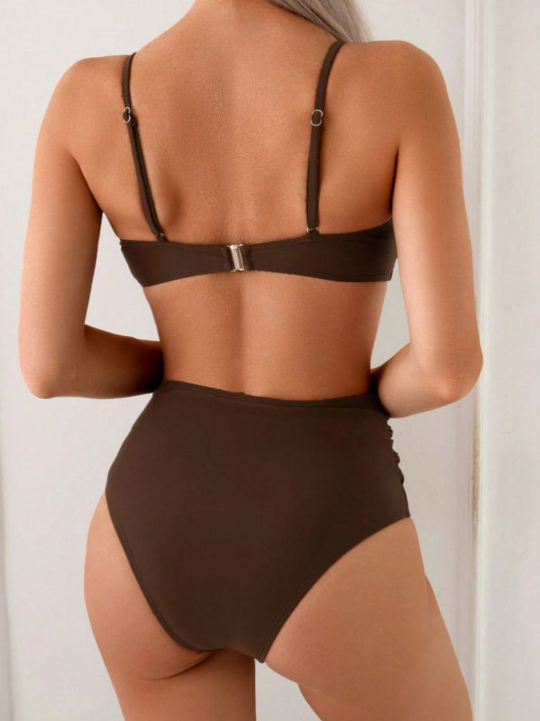 Braun 1970er Metall Muschel Dekor Gerafft Bikini Set