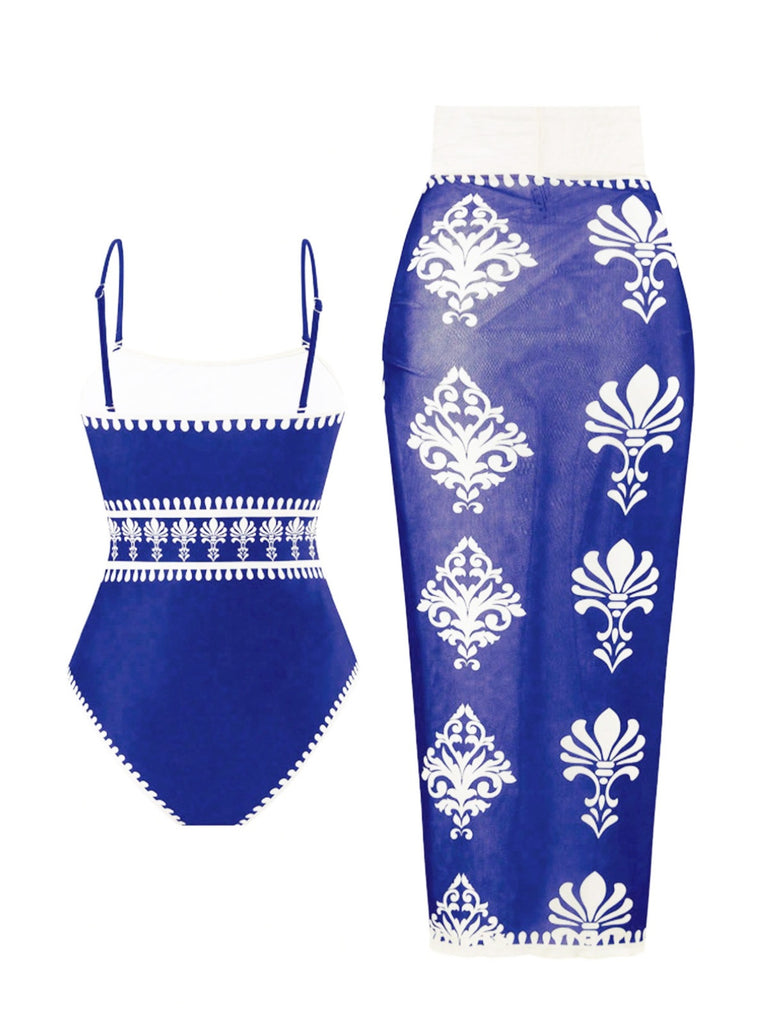 70er Boho Badeanzug & Cover-Up mit Blumen-Print
