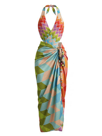 Mehrfarbiger 70er Boho Badeanzug & Cover-Up mit Neckholder