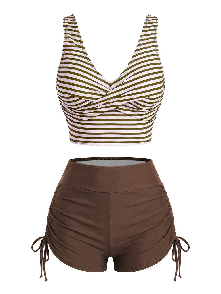 Kaffeebraunes 50er Tankini-Set mit Streifen und Kordelzug