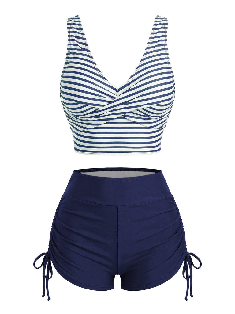 Kaffeebraunes 50er Tankini-Set mit Streifen und Kordelzug