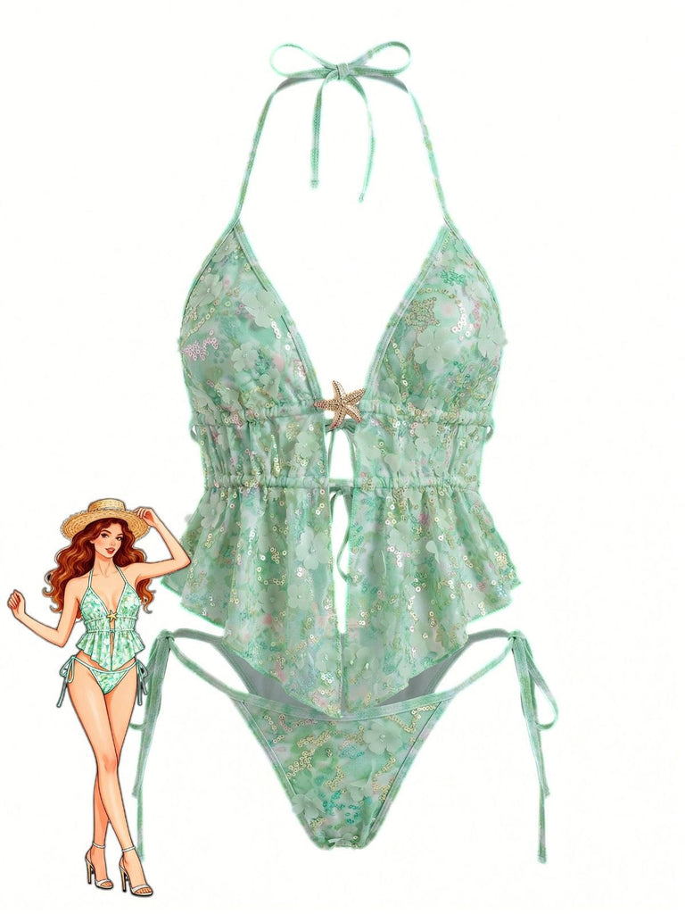 Türkis 1960er Blumen Pailletten Halter Bindeband Tankini Set