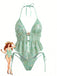 Türkis 1960er Blumen Pailletten Halter Bindeband Tankini Set