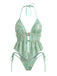 Türkis 1960er Blumen Pailletten Halter Bindeband Tankini Set