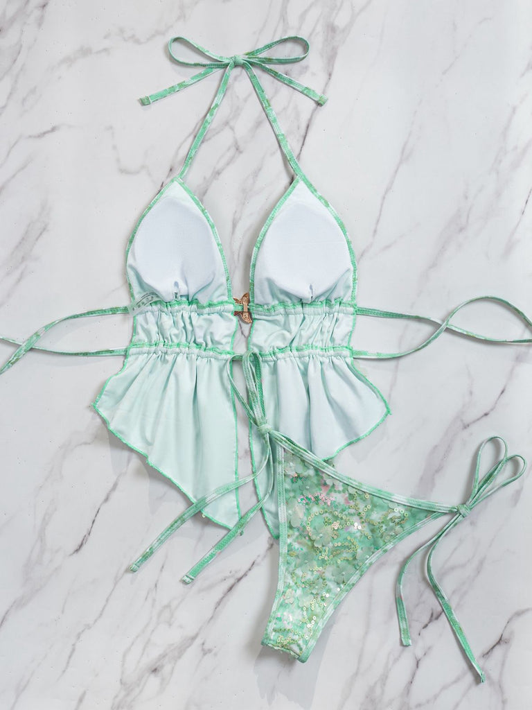 Türkis 1960er Blumen Pailletten Halter Bindeband Tankini Set