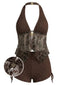 [Vorverkauf] Braunes 60er Tankini-Set mit besticktem Tüll und Neckholder