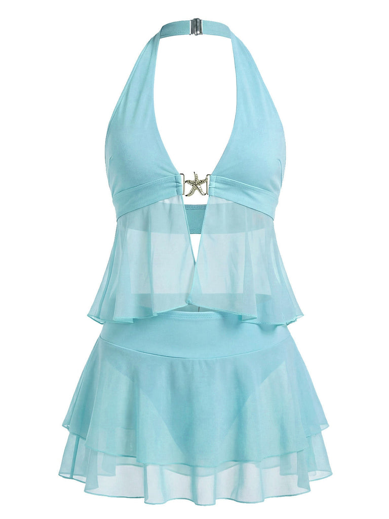 Türkis 1950er Chiffon Seestern Halter Rüschen Tankini Set