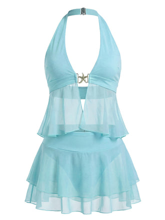 Türkis 1950er Chiffon Seestern Halter Rüschen Tankini Set