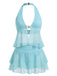 Türkis 1950er Chiffon Seestern Halter Rüschen Tankini Set