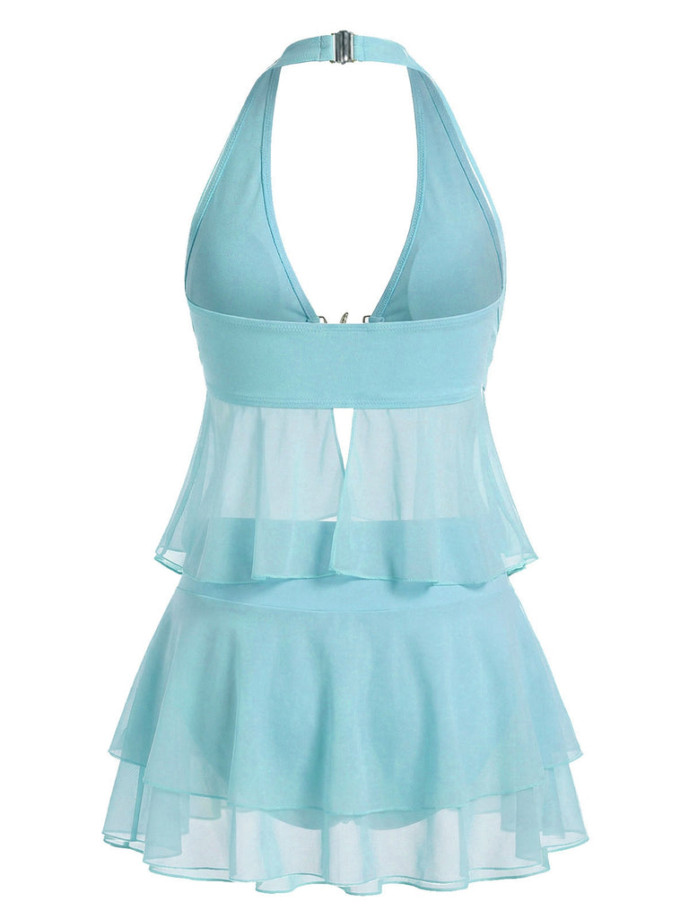 Türkis 1950er Chiffon Seestern Halter Rüschen Tankini Set
