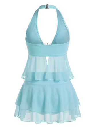Türkis 1950er Chiffon Seestern Halter Rüschen Tankini Set