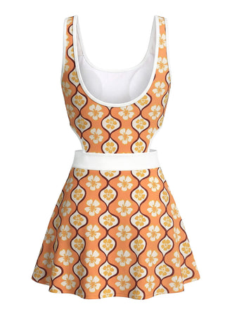 Mehrfarbiges 1960er Kirsche Blossom Cutout Einteiliges Badekleid