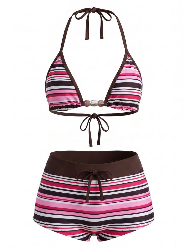1950er Schnür Halter Perlenbesetzt Polka Dot Bikini Set