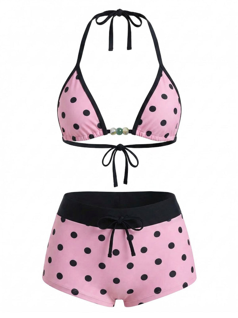 1950er Schnür Halter Perlenbesetzt Polka Dot Bikini Set