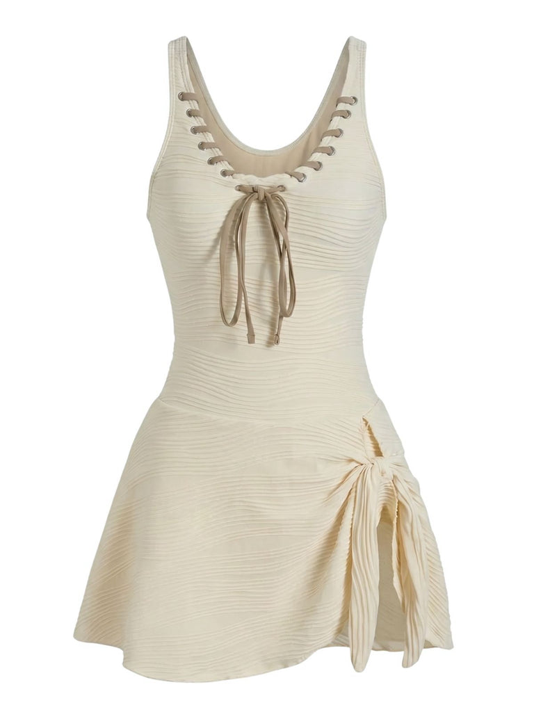 Beige 1930er Uni Schnürung Badekleid