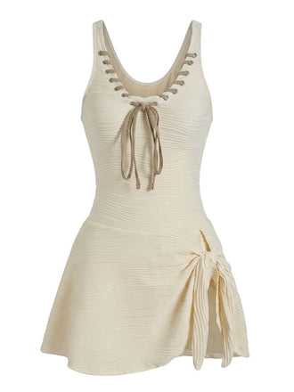 Beige 1930er Uni Schnürung Badekleid