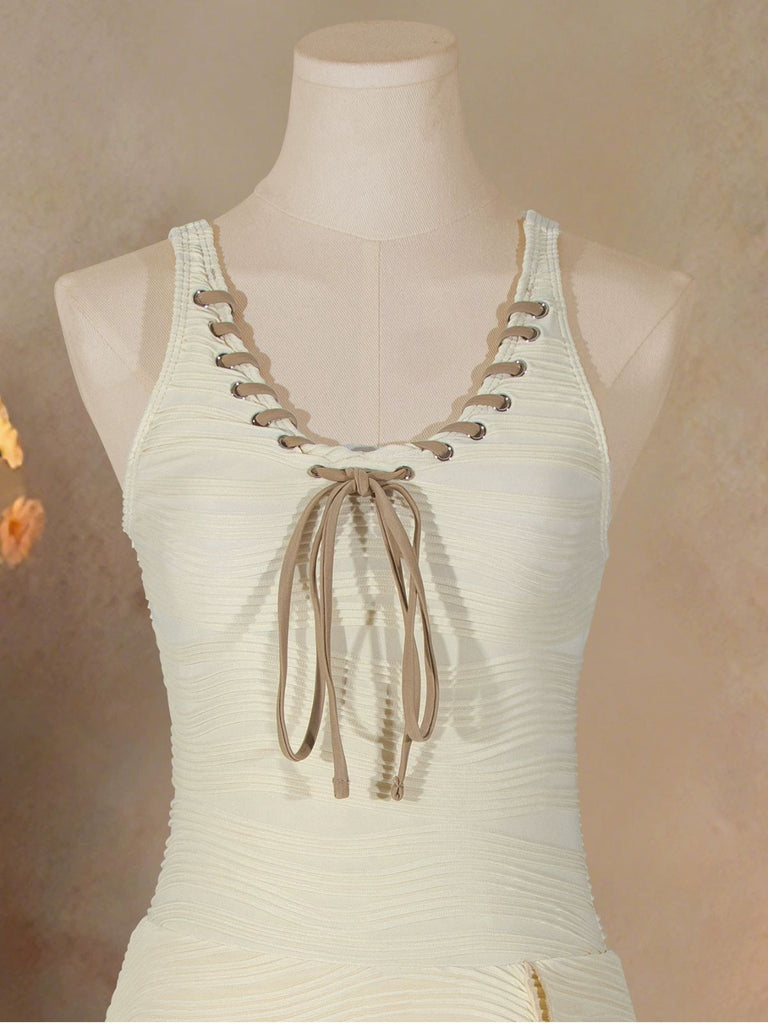 Beige 1930er Uni Schnürung Badekleid