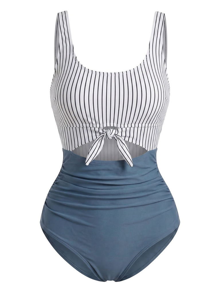 Blauer 30er Badeanzug mit Cut-Out und Streifen