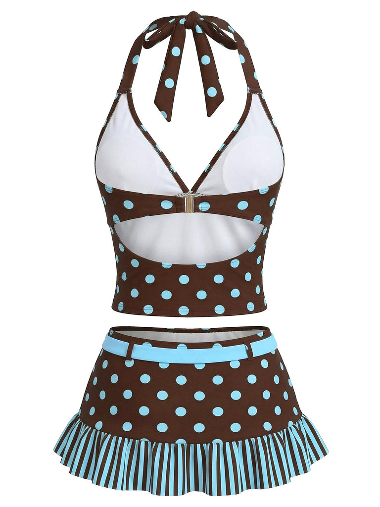 [Vorbestellung] Dunkelbraunes Tankini-Set mit Polka-Dots aus den 1950er Jahren (2er-Pack)