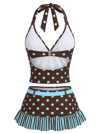 [Vorbestellung] Dunkelbraunes Tankini-Set mit Polka-Dots aus den 1950er Jahren (2er-Pack)