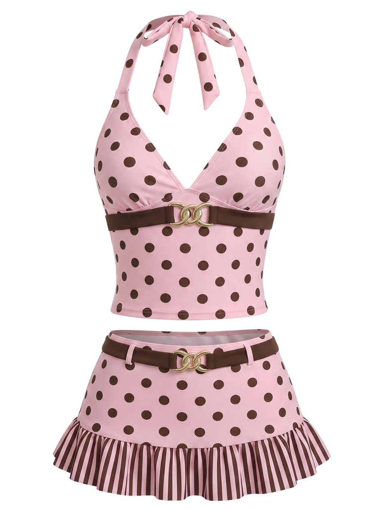 Rosa 50er Tankini-Set mit Polka-Dots und Neckholder