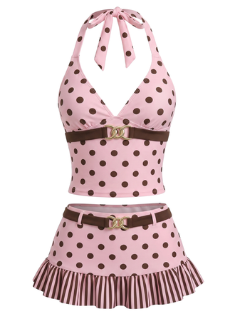 Rosa 50er Tankini-Set mit Polka-Dots und Neckholder