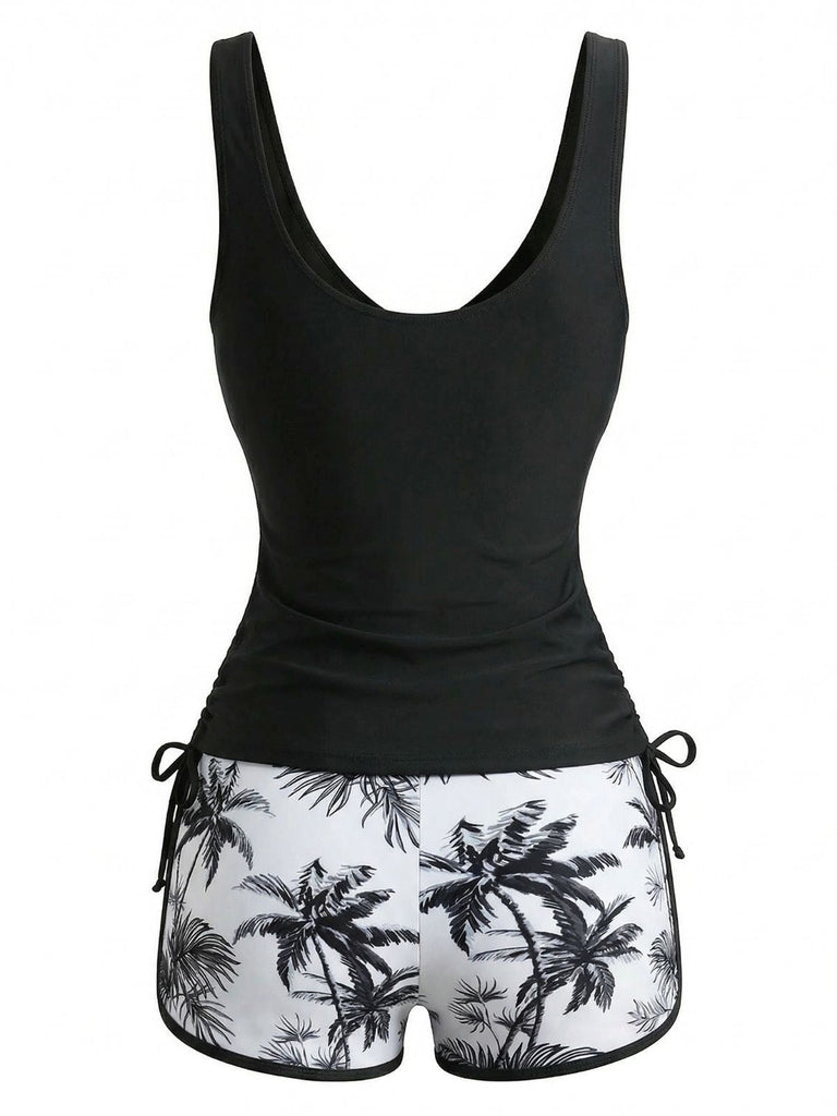 Tankini-Set mit Palmenmuster und Farbblockmuster aus den 1950er Jahren
