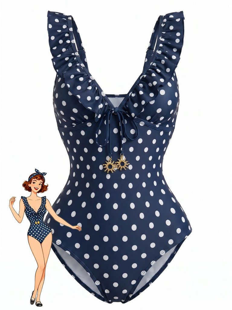 50er Badeanzug mit Polka-Dots, Rüschen und V-Ausschnitt in Dunkelblau
