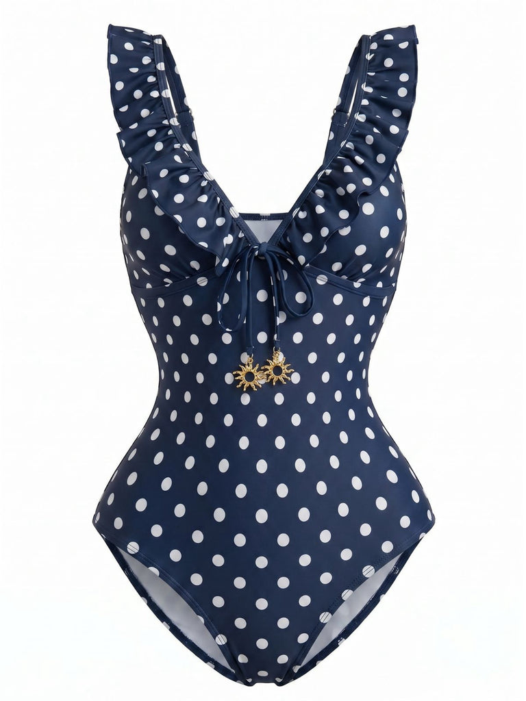 50er Badeanzug mit Polka-Dots, Rüschen und V-Ausschnitt in Dunkelblau