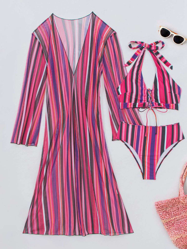 60er Bikini-Set & Shorts & Cover-Up mit Schnürung und Streifen
