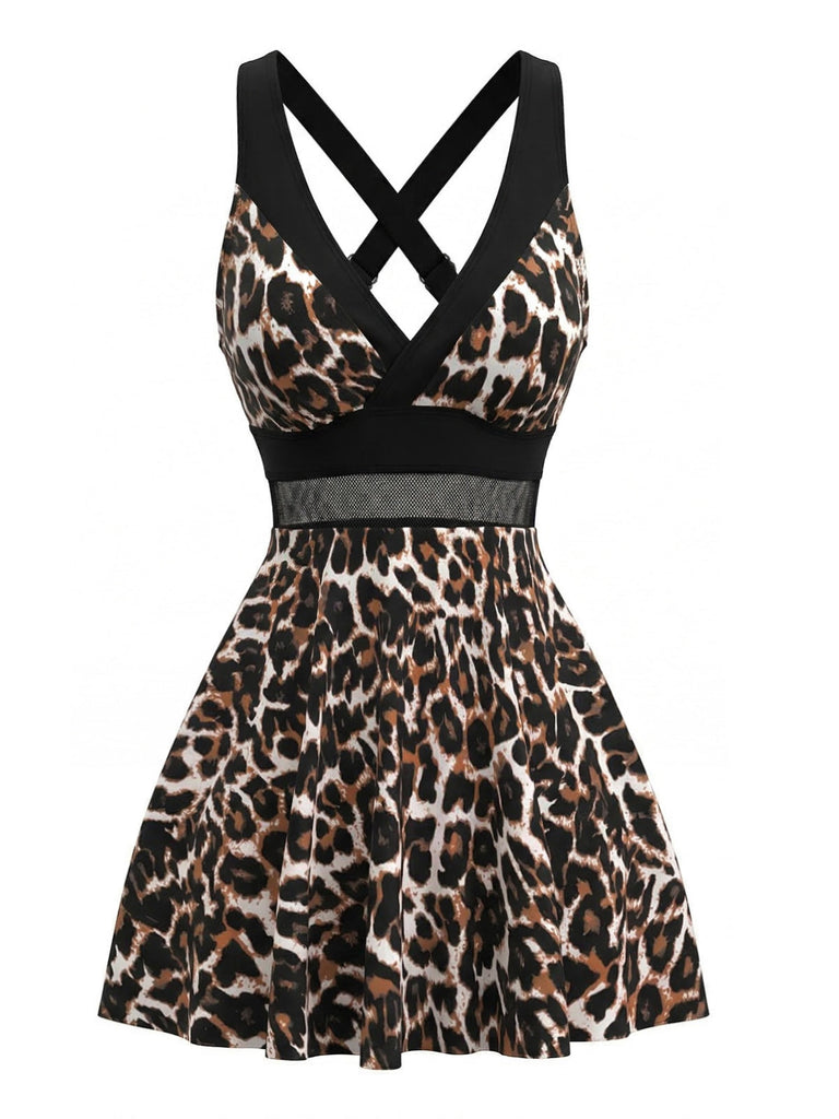 Leoparden-Printer 70er Netz-Badeanzug mit V-Ausschnitt und Criss-Cross
