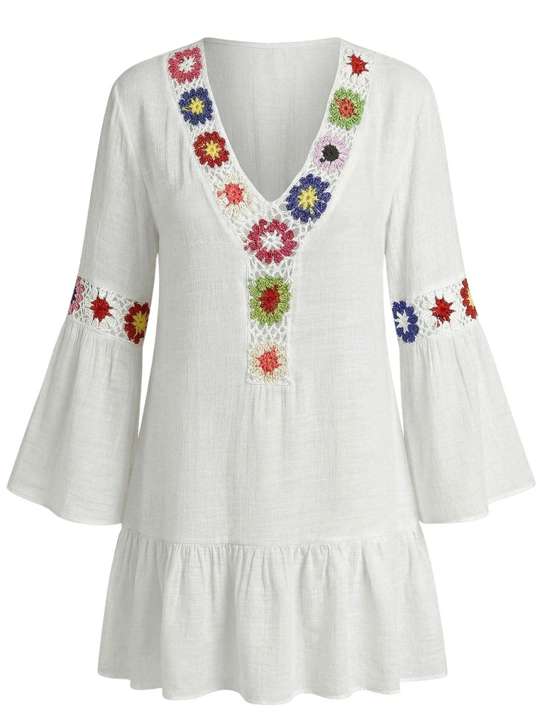 1970er Rüschen-Stickerei-Blumen-V-Ausschnitt-Cover-Up