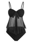 Schwarzes 50er Netz-Tankini-Set mit Schleife und Hohe Taille
