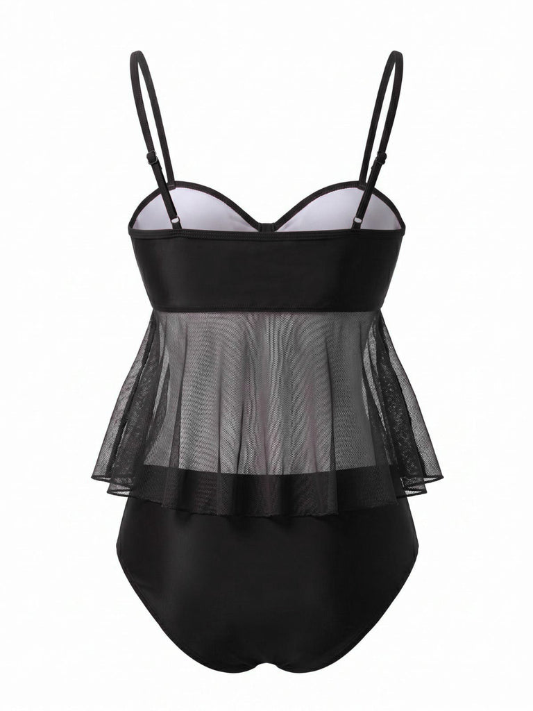 50er Netz-Tankini-Set mit Schleife und Hohe Taille