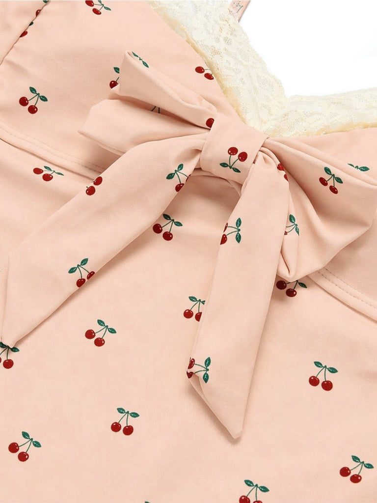 Rosa 1950er Spitze Kirsche Schleife Einteiliger Badeanzug