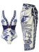 Blauer 1930er Blume & Bird Einteiliger Badeanzug & Cover-Up