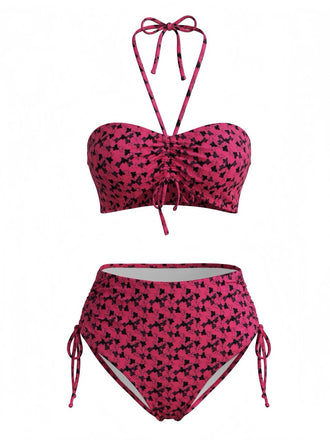 Rosenrotes 40er Bikini-Set mit Neckholder und Schmetterling