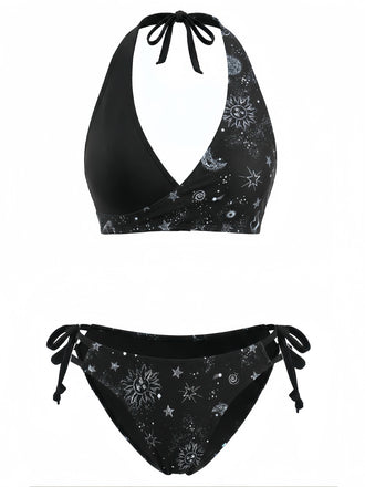 40er Bikini-Set mit Neckholder und Blumen-Print in Schwarz